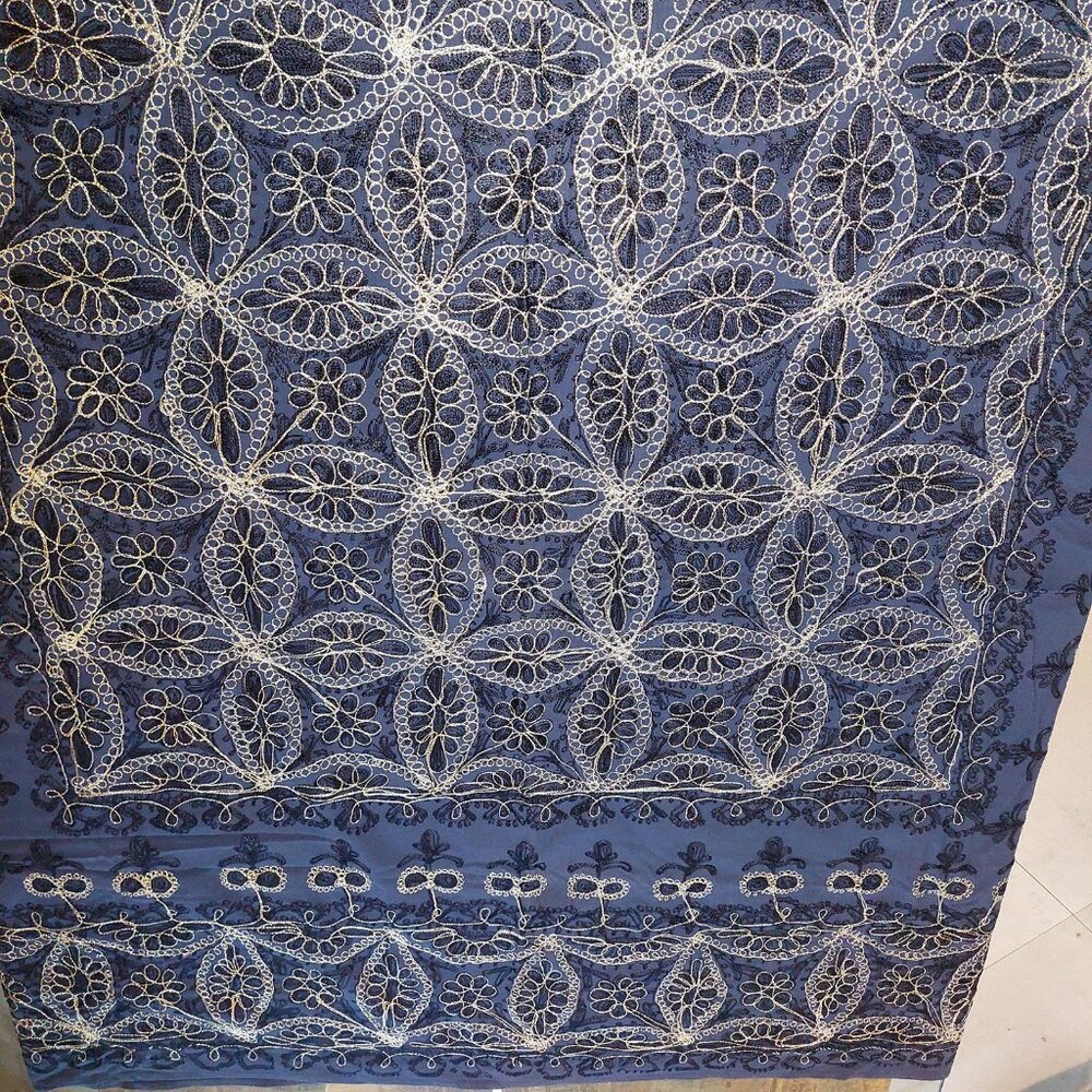 Damascus Aghabani Tablecloth Embroidered Gold & Blue Rectangular 96"x63" Cotton